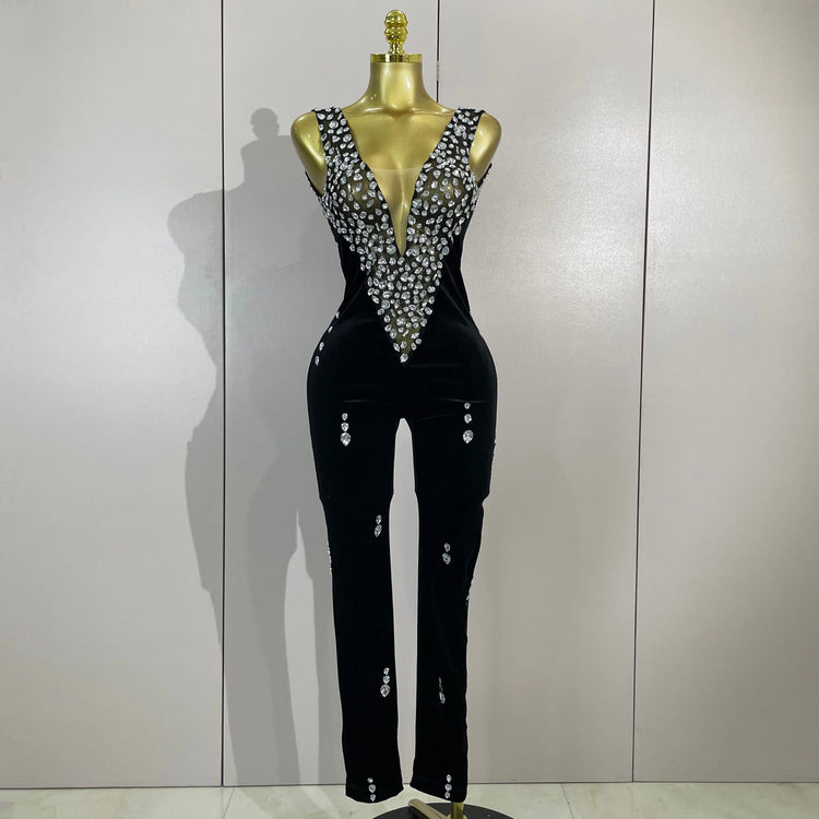 Sexy Sparkly Rhinestones Black Velvet Jumpsuit Women Performance Dance Costume Celebrate Club Luxury Birthday Party Stage Outfit