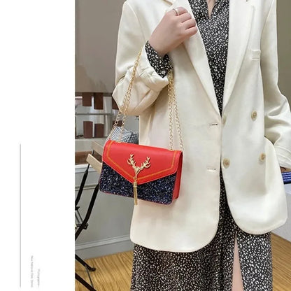 Fashion Women Shoulder Bag Deer Head Decoration Messenger Bags PU Leather Button Underarm Luxury Chain Lady Small Square Handbag