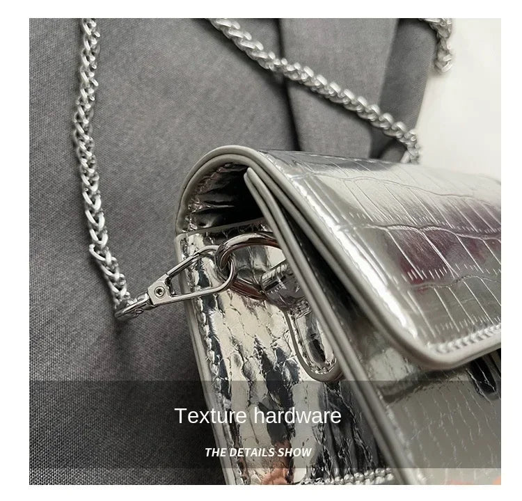Vintage Women Silver Chic Crossbody Bag Luxury Designer Small Shoulder Bags Fashion Gold Mini Square Cute Pu Leather Handbag