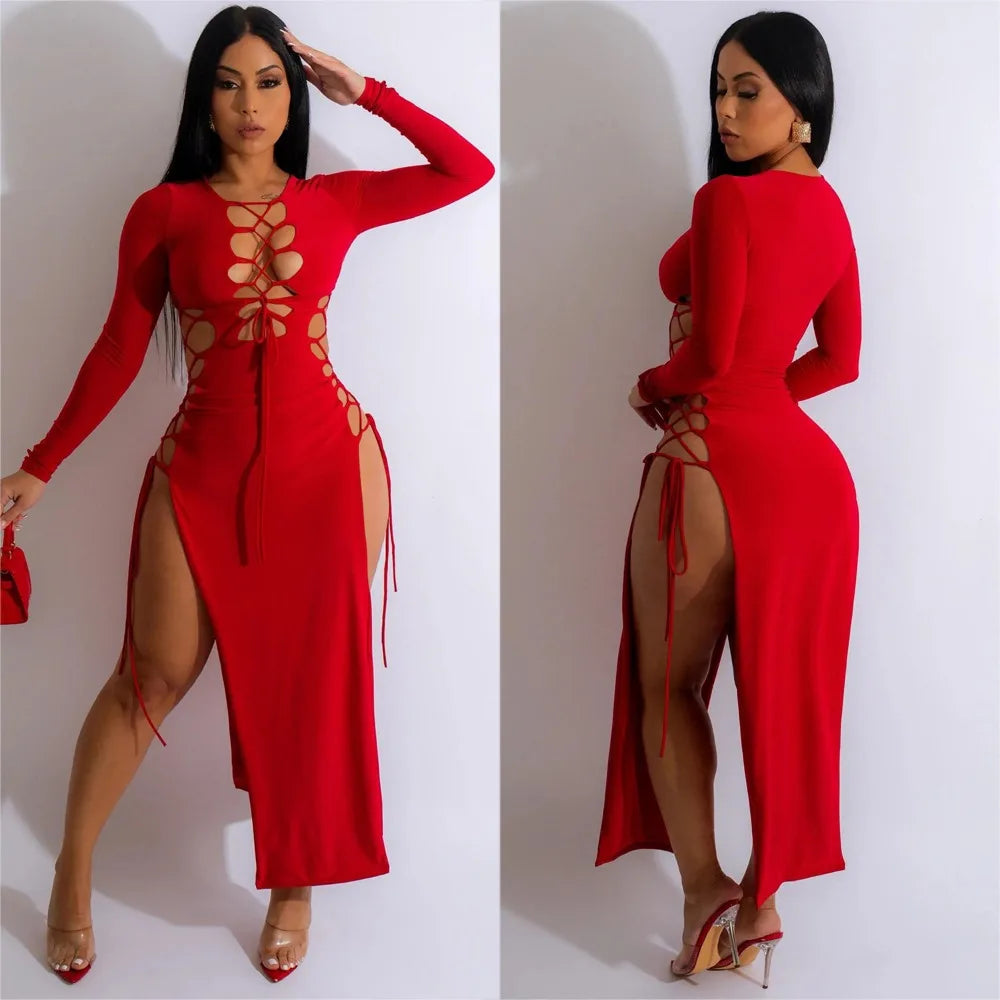 HLJ Sexy Solid Hollow Out Bandage Slit Bodycon Mid Dresses Women Round Neck Long Sleeve Slim Vestidos Fashion Party Club Clothes