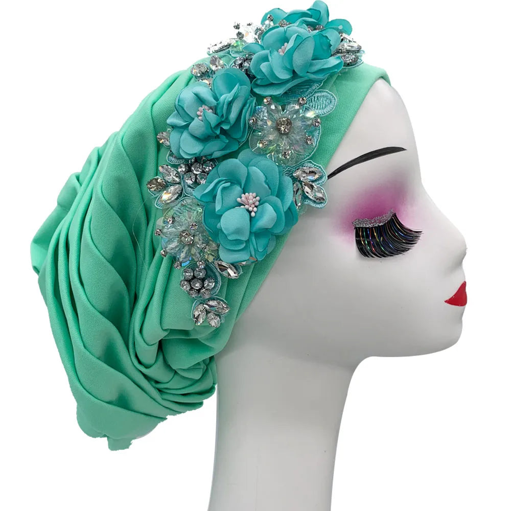 Elegant Flower Diamonds Women's Turban Cap African Party Headwear Hat Lady Head Wraps Muslim Headscarf Hats Turbante Mujer