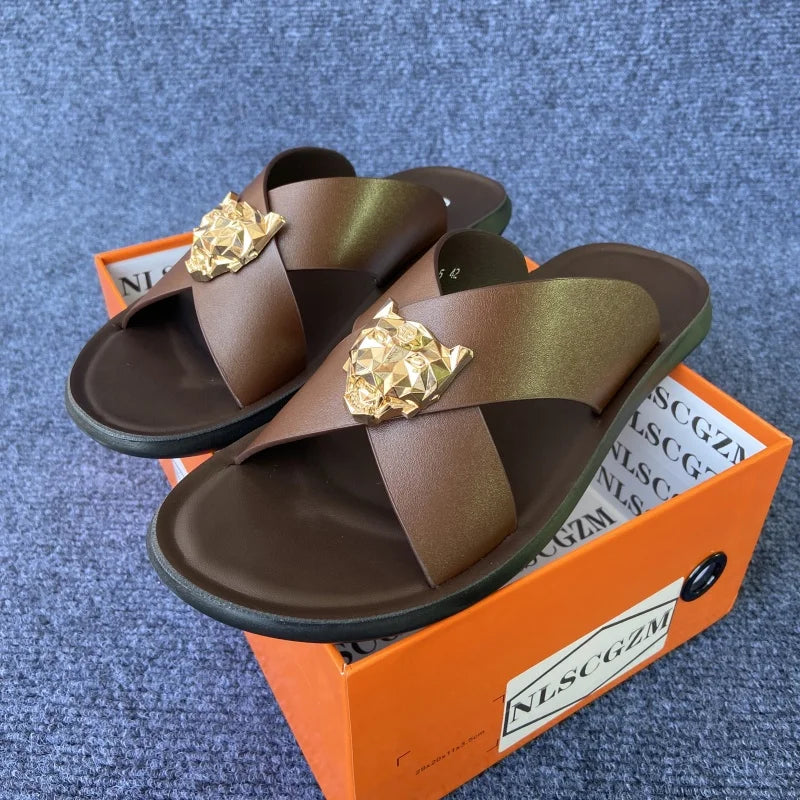 size38-48 original shoes brand summer leather slides for man black brown fashion shoes for mens slippers business beach slippers