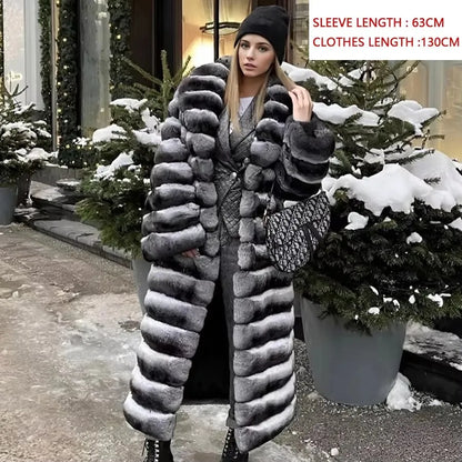 Best Selling Real Rex Rabbit Fur Coat Women Long Chinchilla Fur Coat Winter Women's Fur Jackets Brand Contrast Warm