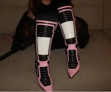 Pink White Black Patchwork Leather Motorcycle Knee High Boots Women Pointed Toe Thin Heels Run Way Long Riding Boots Shoes Lady