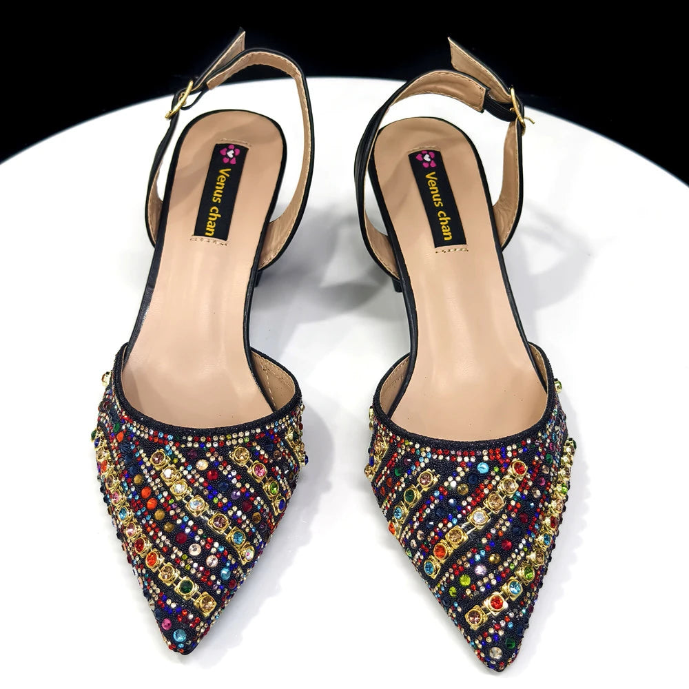 2025 Shiny Italian Fashion Pointed Toe Women Heel Fashion Rhinestone Decoration Fuchsia Color Shoes And Bag Set