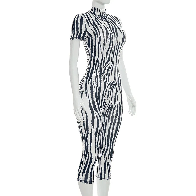 HLJ&GG Autumn Stripe Print Backless One Piece Jumpsuits Women Round Neck Long Sleeveless Slim Playsuits Sexy Overalls Streetwear