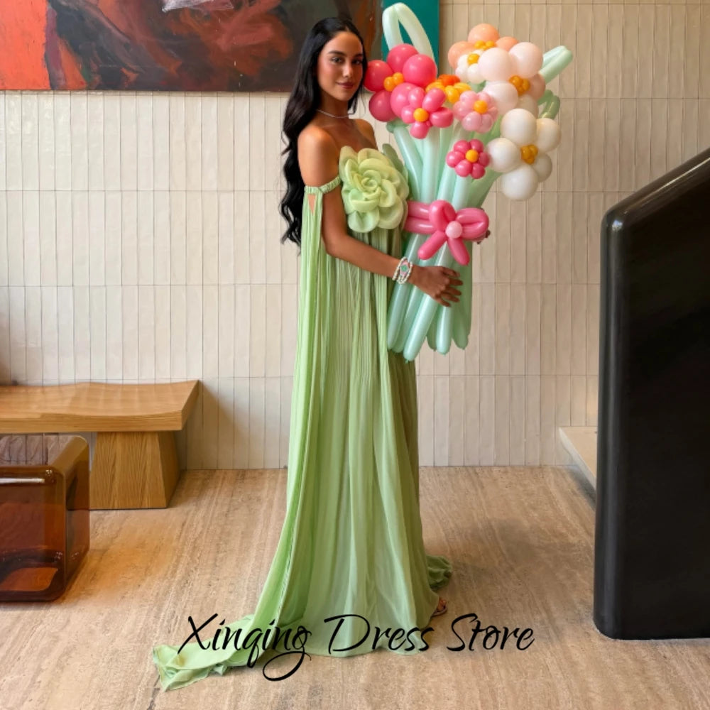 Elegant Flowers Off the Shoulder Evening Dress Delicate Watteau Train Strapless Customized Celebrity Gowns Soft Chiffon Gown