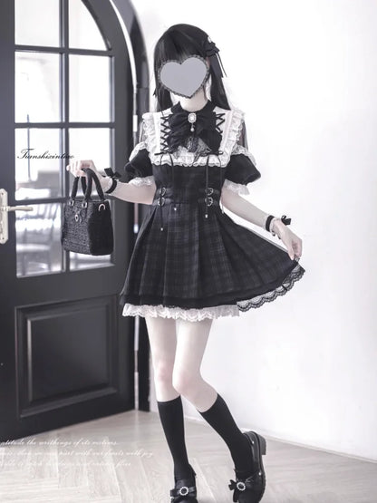 Summer Japanese Dark Goth Academy Style Dress Women's Bow Lace Off Shoulder Plaid Dress Y2K Harajuku Jirai Kei Dress Yami Kawaii