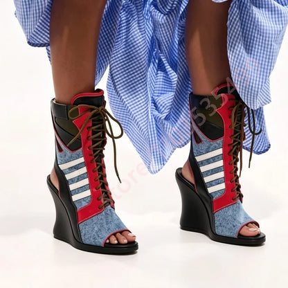 Denim Color Block Open Toe Ankle Boots Women White Stripes Patchwork Front Lace Up Contrast Wedge High Heel Fashion Cutout Boots