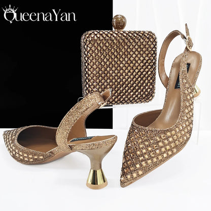 Queena Yan 2026 Italian Design Rhinestone Luxury Navy Blue Pointed Toe Shoe & Bag Set Women High Heels for Parties High Quality