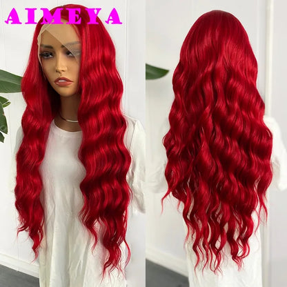AIMEYA  Red Long Wig Natural Hairline Loose Wave Lace Front Wig for Women Daily Use Heat Resistant Synthetic Hair Blue Purple