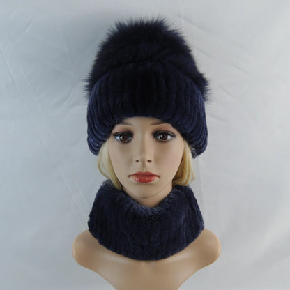 New Winter Lady Brand Hand Make Real Genuine Fox Fur Hat Scarf Girls Natural Real Rex Rabbit Fur Ring Cap Real Fur Scarves Hats