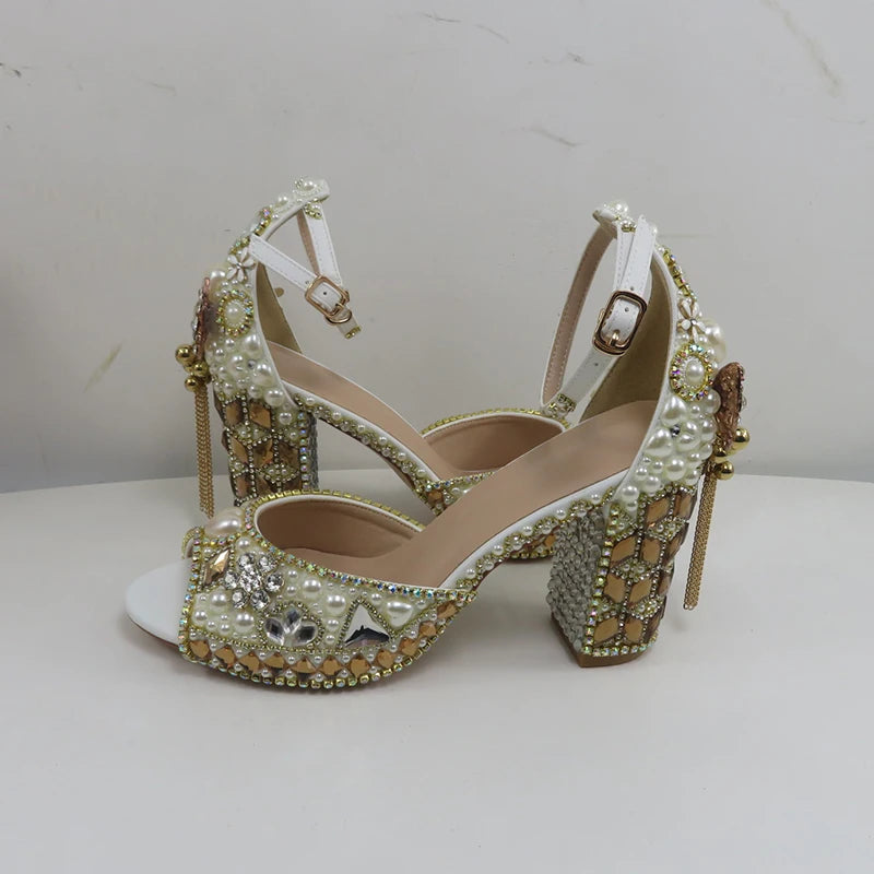 Luxury cyrstal wedding shoes with matching bags woman fashion Thick heel Women party dress shoes Fish beak Women shoes