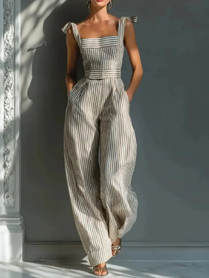 Casual Sleeveless Wide Leg Pants Romper Women Fashion High Waist Pocket Playsuits Elegant Striped Print Commute Long Jumpsuits