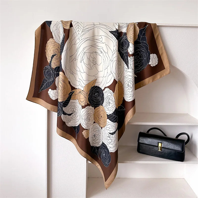 90cm Floral Print Silk Square Scarf Women Luxury Brand Satin Shawls Neckerchief Wrap Scarves Bandana Hair Hjiab Bohemian Style