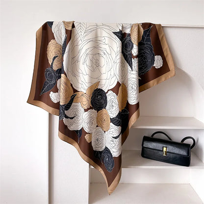 90cm Floral Print Silk Square Scarf Women Luxury Brand Satin Shawls Neckerchief Wrap Scarves Bandana Hair Hjiab Bohemian Style