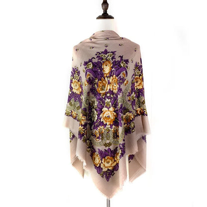 130×130cm Women's Shawl Scarves Thin Luxury Russian National Square Scarf Floral Print Breathable Ethnic Shawl Bandana Summer