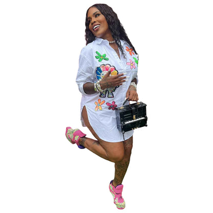 Women Shirts Print Pearls Turn Down Collar Button Elegant Lady Blouses Full Sleeve Spliced Loose Casual Shirt Spring 2025