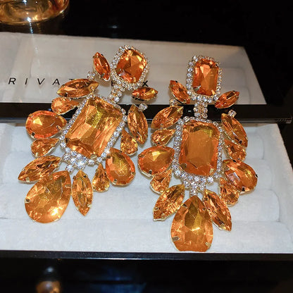 Orange Rhinestone Geometric Earrings for Women Retro Exaggerated Drop Earrings Temperament Party Accessories Girls Gifts