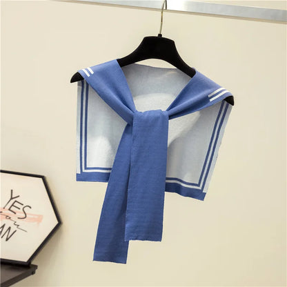 Korean College Navy Stripe Wool Knit Shoulder Cape Knotted Warm Overlapping Shawl Women Summer Neck Scarf T56