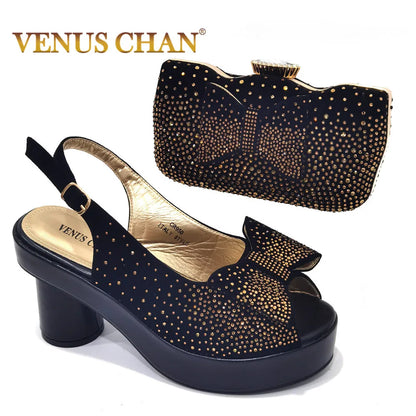 2024 Silver Fashion Square Heels with Platform African Women Shoes and Bag Set Full Crystal Pumps for Wedding Party
