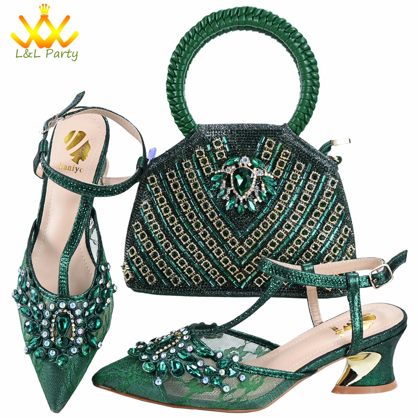 Orange Color New Arrivals Italian Design Nigerian Women Shoes and Bag Set Pointed Toe Slipper with Shinning Crystal for Party