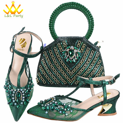 Orange Color New Arrivals Italian Design Nigerian Women Shoes and Bag Set Pointed Toe Slipper with Shinning Crystal for Party