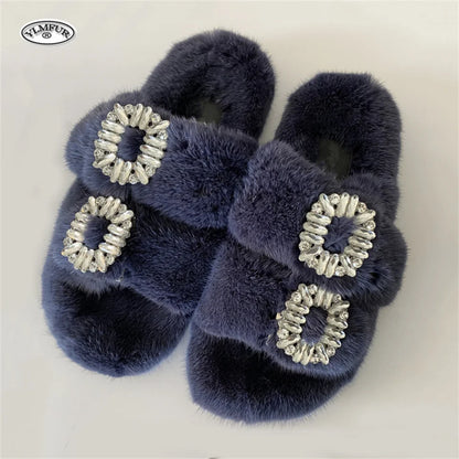2025 New Women Fur Slippers Shoes Women Warm Winter Crystal Fur Shoes For Women Slippers Casual Plush Comfortable Mink Slippers