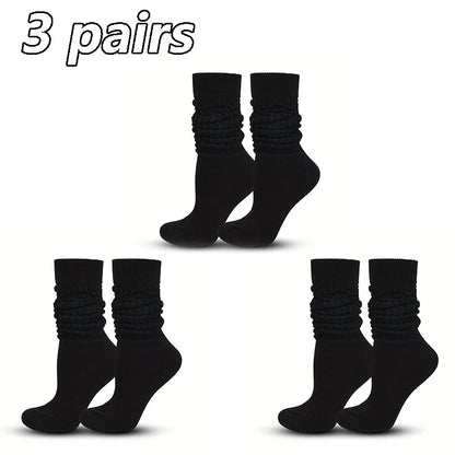 3 Pairs Women Pile Up Socks Fashionable Trendy Versatile White Solid Color Basic Socks Comfortable Breathable Mid Length Socks
