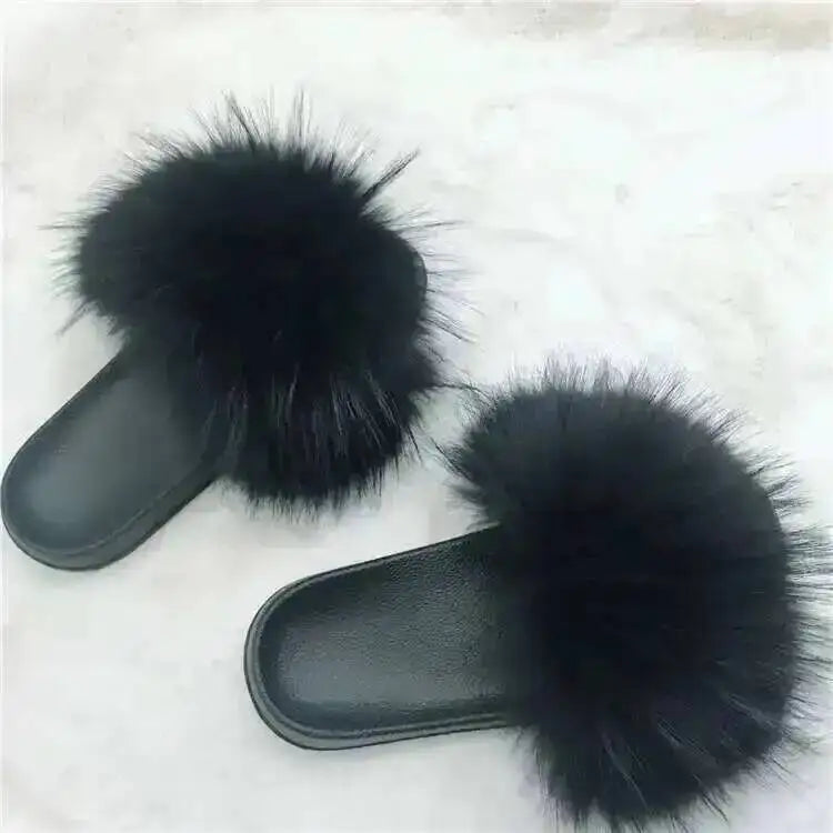 Real Raccoon Fur Slippers For Women 2026 Summer Fluffy Indoor House Fuzzy Flat Slides Outdoor Fashion Beach Sandals Flip Flops