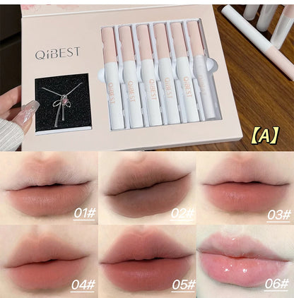 QIBEST 6Pcs/Box Matte Lipstick Sets And Mirror Watery Lip Glaze Lasting Lip Makeup Sets Moisturizing Lipgloss Necklace Gift