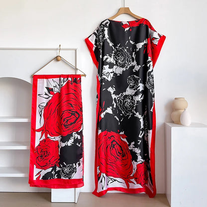 Ladies Scarf New Dubai Fashion Print Design Women Long Dress 2026 Summer Beach Party Loose Dress Silk Soft African Abaya MOOMOO