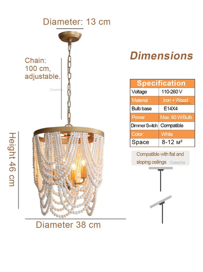 Black French Country Chandelier Large Hanging Lights Dia60 H65cm Living Room Boho Wood Bead Chandelier For Bedroom Dining Room