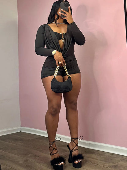 Sisterlinda Swinging Neck Playsuits Women Solid Metal Splice Cleavage Full Sleeve Stretch Sexy Slim Romers Chic Trend Clubwear