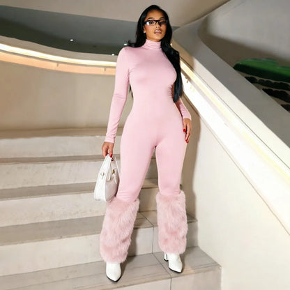 FLARORA Sexy Faux Fur Patchwork Jumpsuits Woman Turtleneck Full Sleeve Skinny Peach Hip Jumpsuit Midnight Party Club Overalls