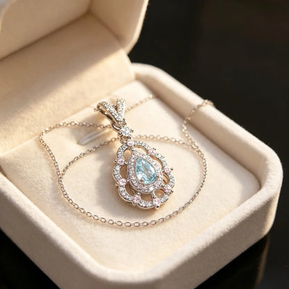 925 Sterling Silver Light Luxury Fashion Light Blue Zircon Micro-set Pink Diamond Water Drop Ladies Necklace