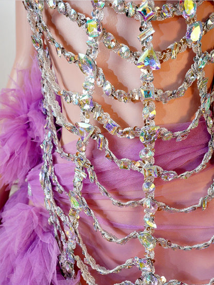 Sexy Purple Neck Hanging Spider Web 2PCS Set Gauze See-through Dress Carnival Performance Singer Dance Costume Drag Queen Stage