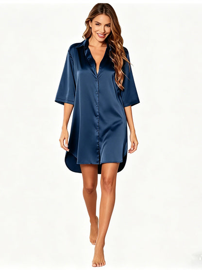 Elegant Satin Nightshirt Solid Lapel Button-Up Shirt Dress Breathable Fabric Smooth Texture Charming Women's Nightgown Sleepwear