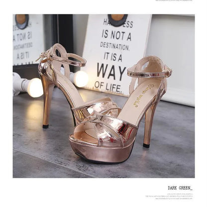 Silver Sandals Women Platform 2024 Summer Luxury Party Dress Shoes 12CM Fashion Hollow Out Ankle Strap Elegant Ladies High Heels