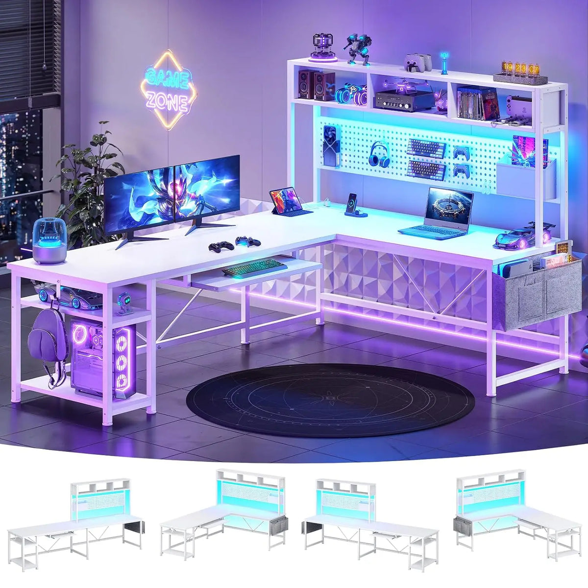 67" Reversible L Shaped Gaming Computer Desk, Pegboard, LED Lights, Power Outlet & Keyboard Tray for Home Office, Custom
