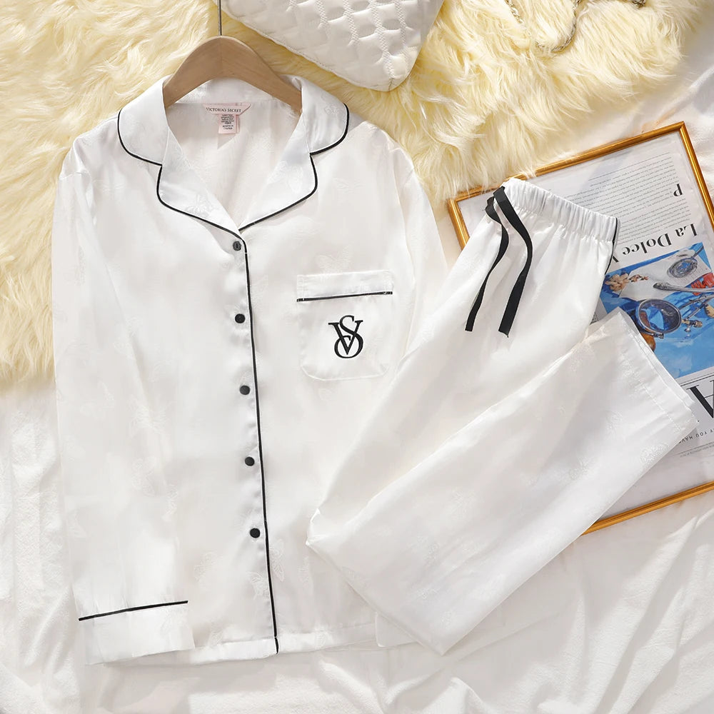 Victoria's Secret Suit Womens Silk Satin Pajamas Set Short Sleeve Shorts Sleepwear Loungewear Soft Breathable Button Down Pyjama