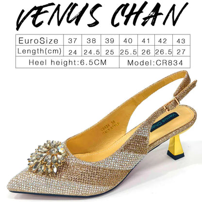 Venus Chan 2026 Italian Luxury Rhinestone Wine Pointed Toe High Heels with Matching Bag Set – Ideal for Parties and Special