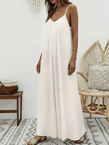 Women's Apricot Spaghetti Strap Jumpsuit V Neck Wide Leg Loose Fit Casual Spring Summer Beach Vacation Boho Fashion Romper