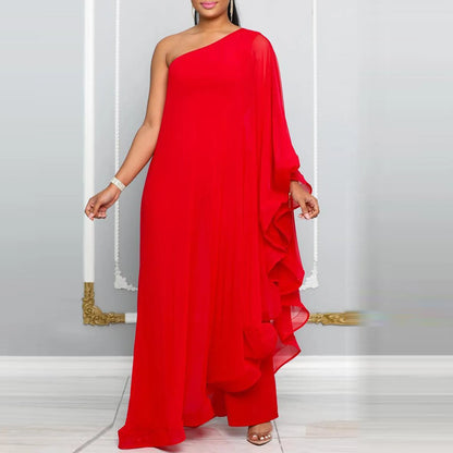 Women One Shoulder Jumpsuit Ruffle Long Sleeve Elegant Solid Aysmmetric Fashion Autumn Rompers Casual Party Club Jumpsuits 2024