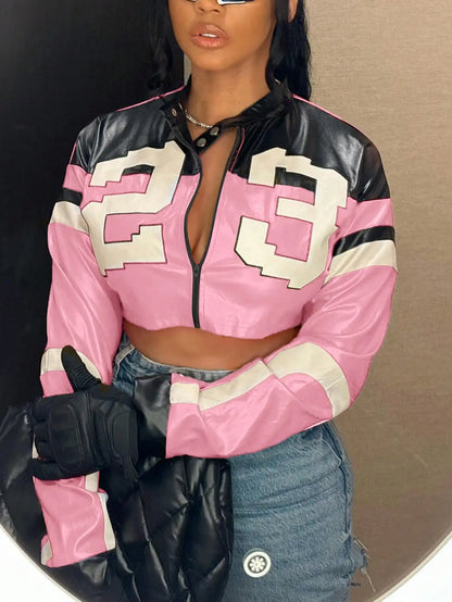 2025 New Women's Artificial Leather Jacket PU Leather Short Jacket Digital Printed Fashion Streetwear Motorcycle Casual Jacket