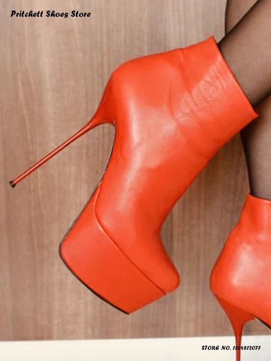 Women's Red Platform Stiletto Booties Spring Autumn Sexy Solid Zipper Ankle Boots Round Toe Thin Heels Trending Party Footwear