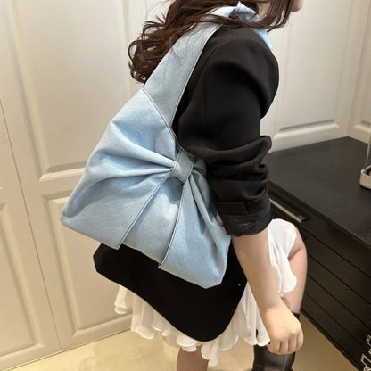 Sweet Bowknot Design Women's Denim Shoulder Bags Commuter Thread Ladies Handbags Casual Lightweight Female Underarm Tote Bag