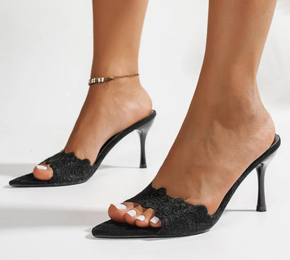 Luxury Lace Crochet Mule Slipper Woman Brand Design Point Toe High Heel Slide Sandal Ladies Elegant Evening Party Stiletto Shoes