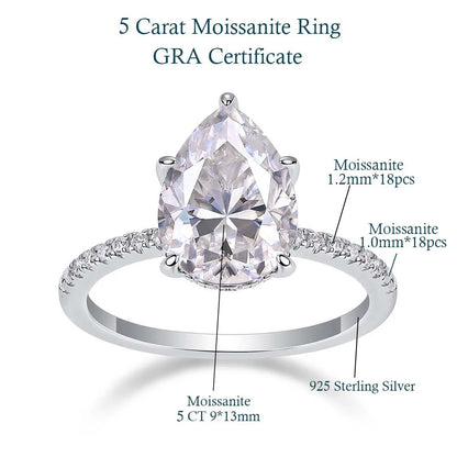 1-5CT Pear Cut Miossanite Ring Certified 925 Sterling Silver Plated 18K D VVS1 Lab Diamond Wedding Engagement Band for Women