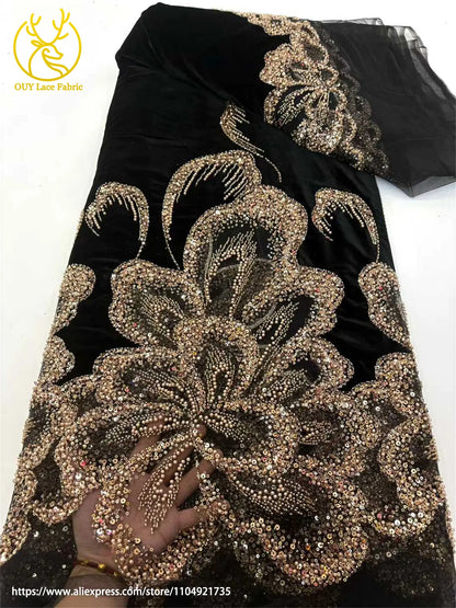 Luxury African Velvet Gold Beaded Sequins Lace Fabric 5 Yards Wine Red Groom Embroidery French Tulle Lace For Women Party Dress